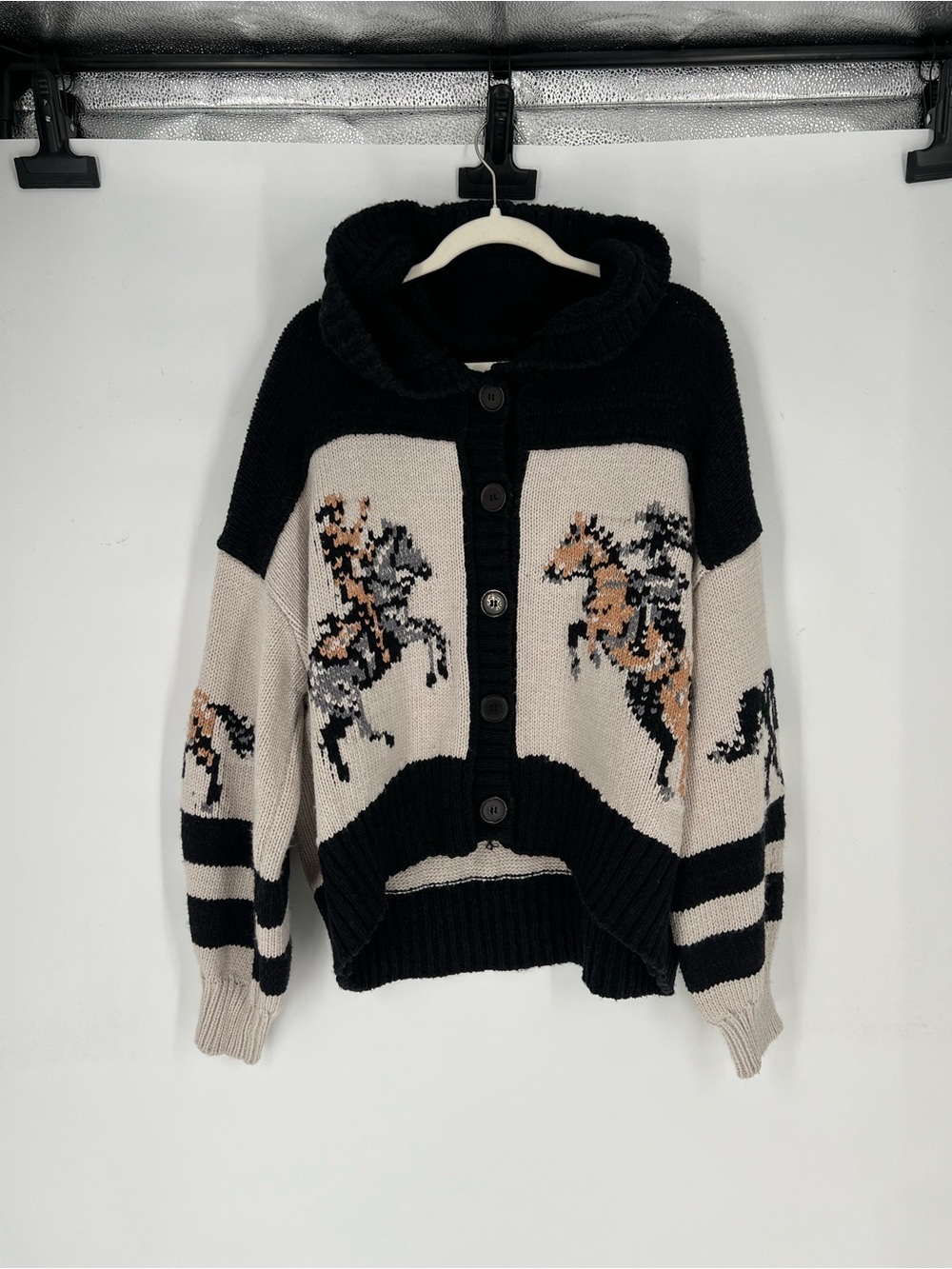 Pilcro Black & Cream Hooded Button-Front Horse Intarsia Cardigan Sweater SAMPLE - Picture 6 of 11